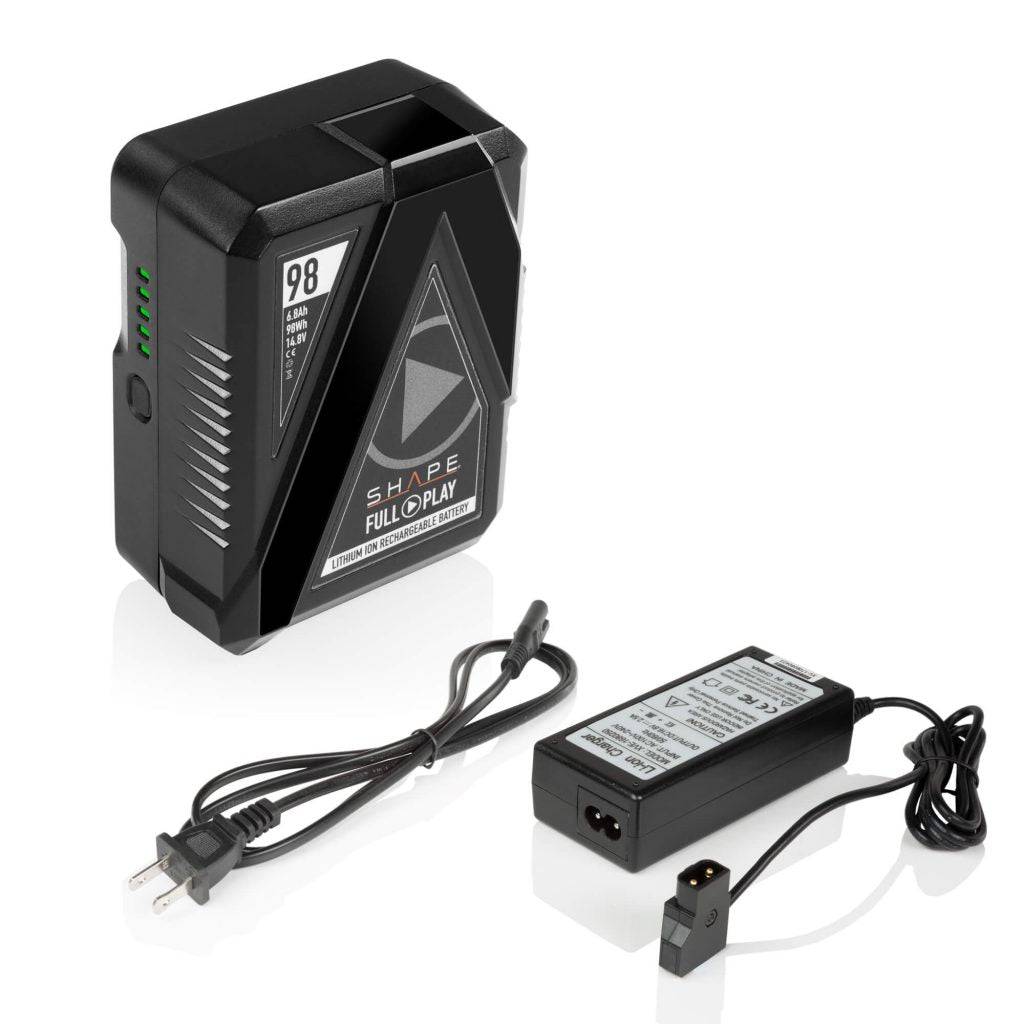 SHAPE Full Play Rechargeable Battery 98 Wh V-Mount with SHAPE Full Play Portable D-Tap Battery Charger